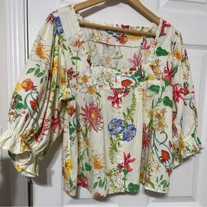 Laura Ashley Yellow Floral Linen Blouse Balloon Sleeves Cottagecore NWOT Size L